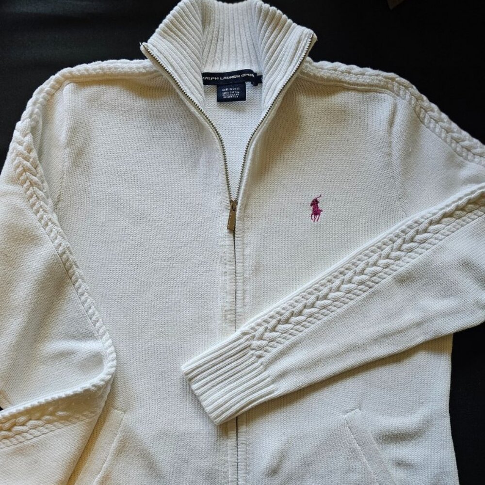 Polo Women's Full Zip Sweater, White, M-L, 2 Pockets